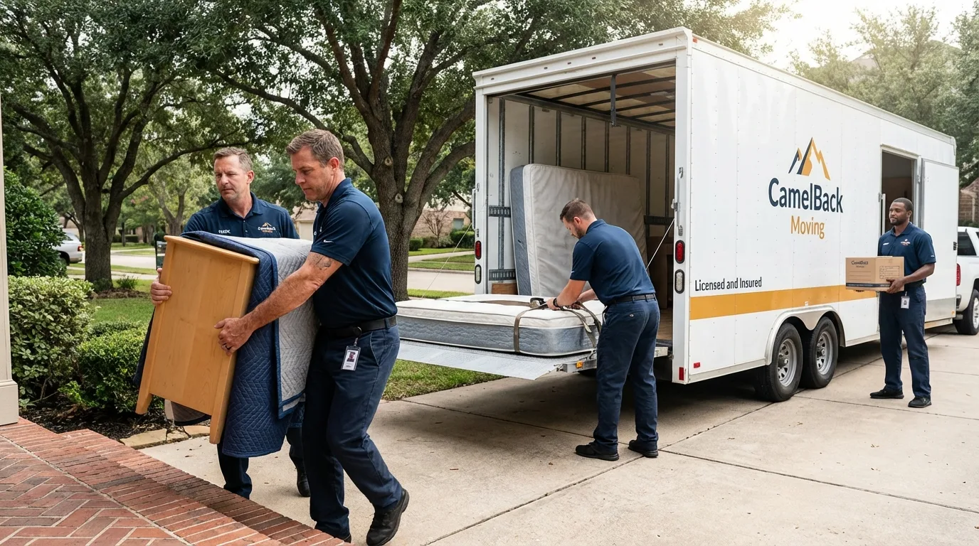Crew loading residential truck for cross-state move from Colfax, IA