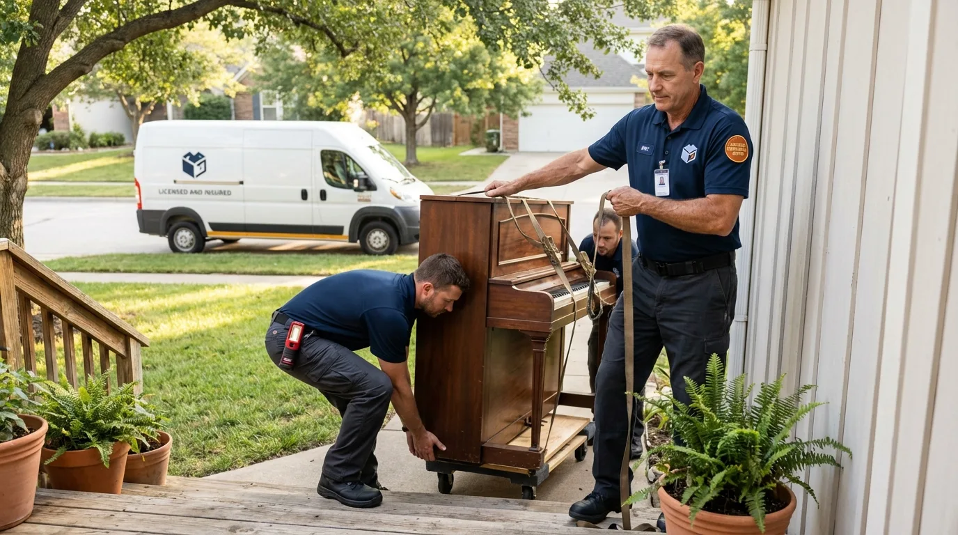 Licensed piano movers securing grand piano in Colfax, IA