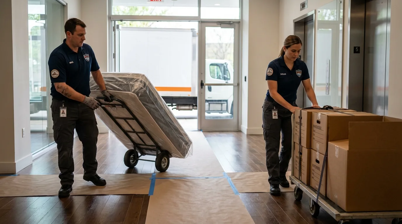 Professional apartment movers loading elevator in Colfax, IA